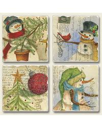 coasters,coaster set,coaster sets,stone coaster set,cutting board,bamboo cutting board,bamboo cutting boards,tempered glass cutting board,kitchen accessories,christmas,christmas accessories,christmas kitchen d�cor,snowman,snowmen,vintage christmas  Post Card Christmas Square Coaster Set