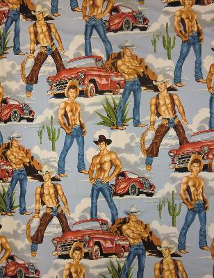 Alexander Henry Wranglers Brite in In Stock Blue NA Cotton Pin Up  Novelty Western  