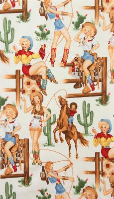 pin-up fabric,pin-up girls fabric,pin-up girls,cowgirls,western fabric,pin-up girl quilting fabric,pin-up girl craft fabric,pin up fabric,pin up girls,pin up girl fabric,pinup girl,pinup girl fabric,alexander henry,alexander henry fabric,6964ARR,138669,Back in the Saddle Natural