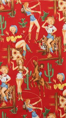 alexander henry,alexander henry fabric,pin-up fabric,pin-up girls fabric,pin-up girls,cowgirls,western fabric,pin-up girl quilting fabric,pin-up girl craft fabric,pin up fabric,pin up girls,pin up girl fabric,pinup girl,pinup girl fabric,6964DRR,236810,Back in the Saddle Red