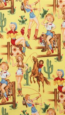 alexander henry,alexander henry fabric,pin-up fabric,pin-up girls fabric,pin-up girls,cowgirls,western fabric,pin-up girl quilting fabric,pin-up girl craft fabric,pin up fabric,pin up girls,pin up girl fabric,pinup girl,pinup girl fabric,6964ER,236811,Back in the Saddle Yellow