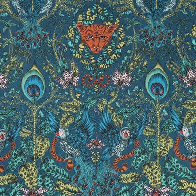 Clarke and Clarke AMAZON F1107/03 CAC NAVY in ANIMALIA BY EMMA J SHIPLEY FOR C&C Blue Multipurpose -  Blend Jungle Safari  Birds and Feather   Fabric