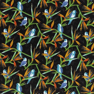 Charlotte Fabrics D2754 Jet Black Multipurpose Spun  Blend Fire Rated Fabric Birds and Feather High Performance CA 117 NFPA 260 Leaves and Trees Tropical Miscellaneous Novelty Fun Print Outdoor 
