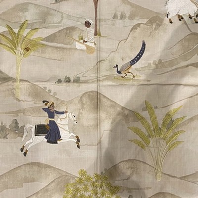 Hamilton Fabric Punjab Linen in NoImage Beige Cotton  Blend Birds and Feather  Crewel and Embroidered  Oriental   Fabric